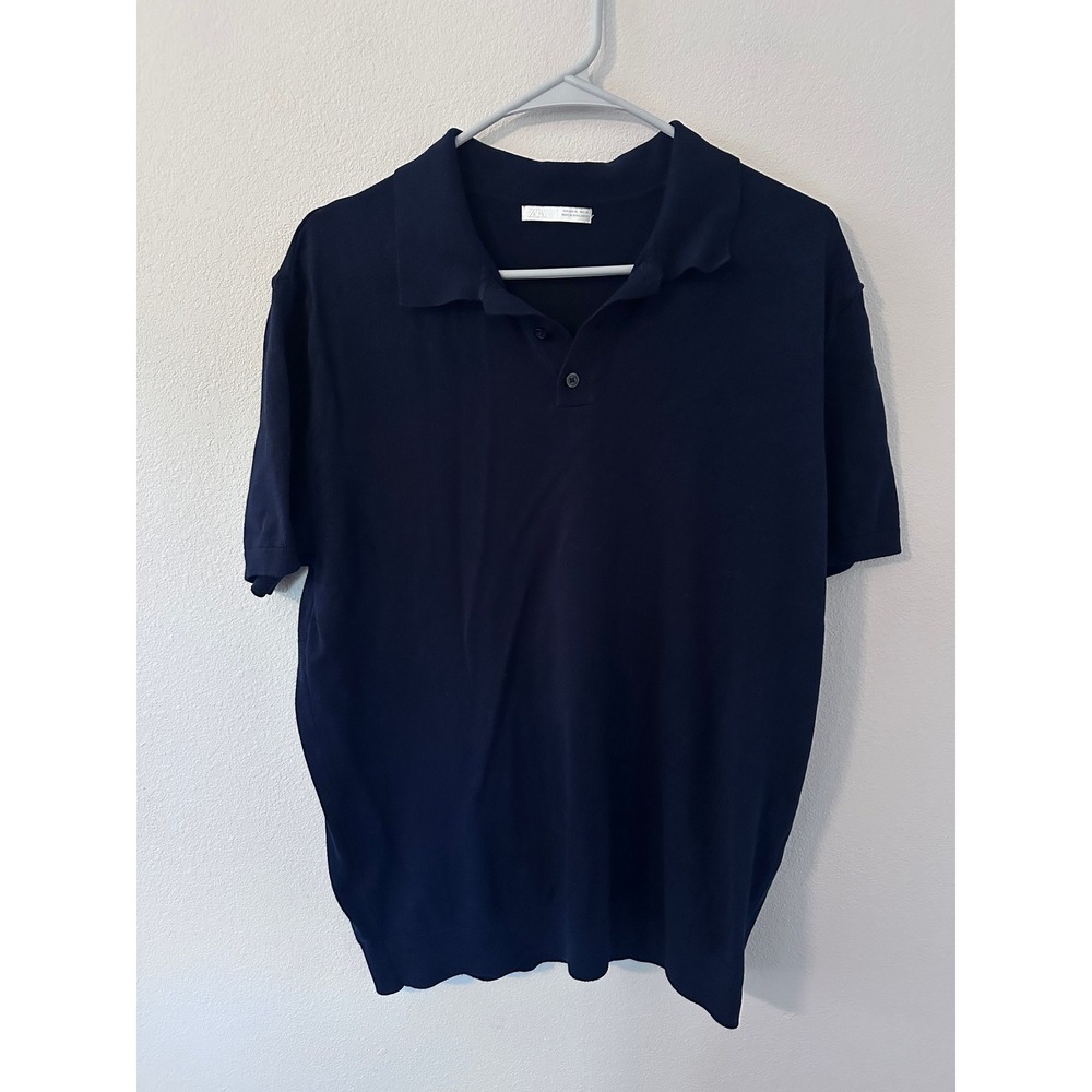 Zara Knit Polo Shirt XL Navy Blue Excellent Short Sleeve Button Neck Sweater